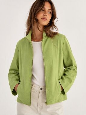 Eileen Fisher Textured Cotton Zip Jacket Green Lightweight Minimalist